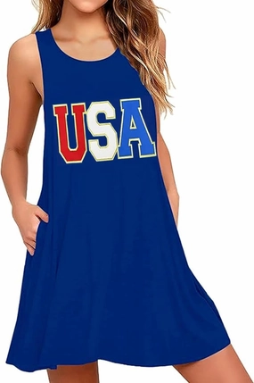 4th of July Women's Slessveless American Flag Stripes Summer Red White Blue Dresses