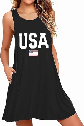 4th of July Women's Slessveless American Flag Stripes Summer Red White Blue Dresses