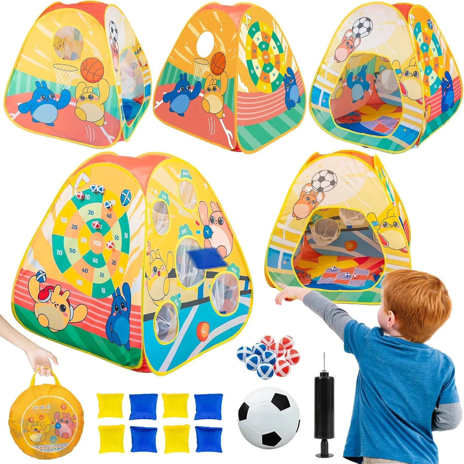 5-in-1 Kids Play Pop Up Tent with Bean Bag Toss Game Outdoor Toys, Tic Tac Toe, Dartboard,Soccer, Basketball, Carnival Outside Combo Set for Backyard Beach Lawn Party Fun, Birthday Gift for Boys Girls