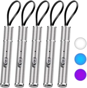 5 Pcs Rechargeable Pen Light Flashlight - 3 Modes Pocket Flashlight with UV Black Light and Blue Light for Repair Nurse Outdoor Work, 395nm UV Mini Flash Lights, Sliver