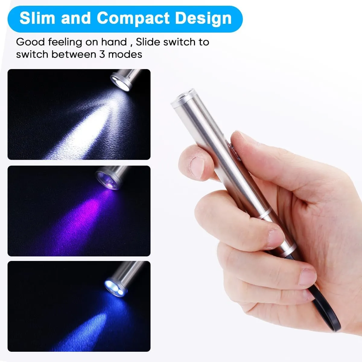 5 Pcs Rechargeable Pen Light Flashlight - 3 Modes Pocket Flashlight with UV Black Light and Blue Light for Repair Nurse Outdoor Work, 395nm UV Mini Flash Lights, Sliver