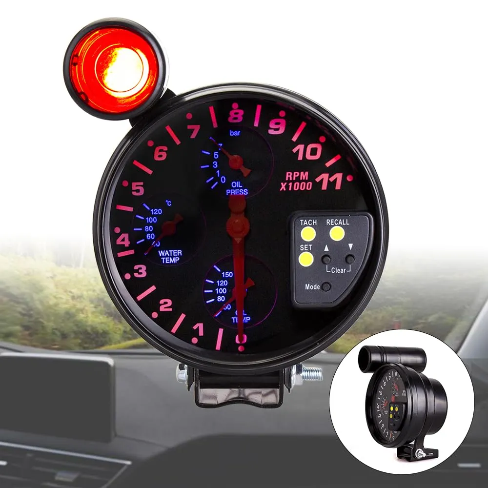 5" inch Car Motor 4 in 1 RPM Meter 12V Tachometer Gauge with Seat and Shift Light Oil Press Water Oil Temp for Auto Car