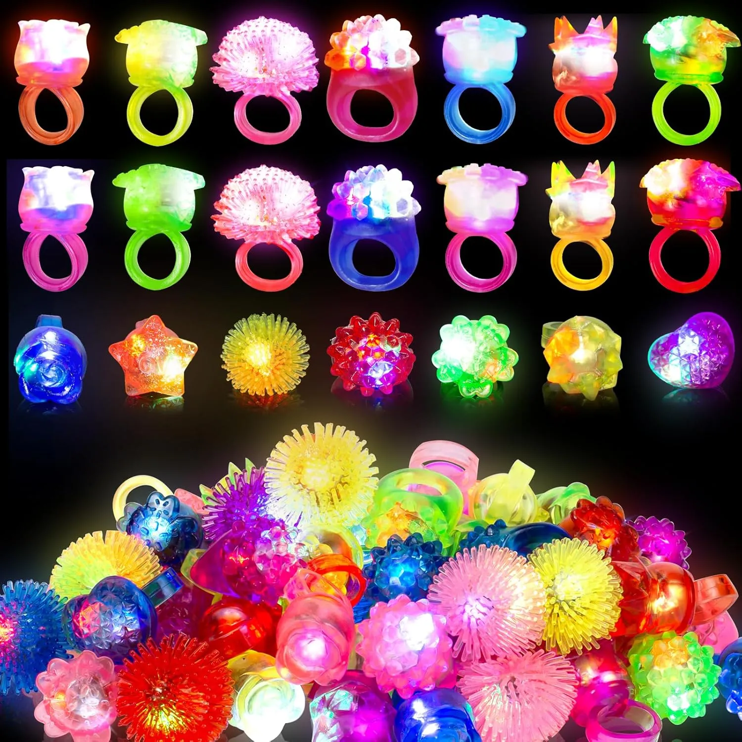 65 Pack Birthday Party Favors for Kids- Goody Bag Stuffers Light Up Rings Bulk Toys, Glow in The Dark Party Supplies - LED Colorful Rubber Rings Surprise Gifts for Halloween Party Easter Concert Shows