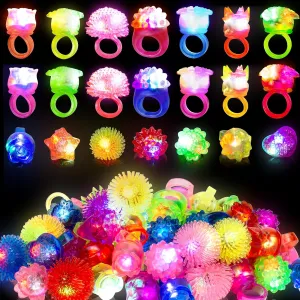 65 Pack Birthday Party Favors for Kids- Goody Bag Stuffers Light Up Rings Bulk Toys, Glow in The Dark Party Supplies - LED Colorful Rubber Rings Surprise Gifts for Halloween Party Easter Concert Shows