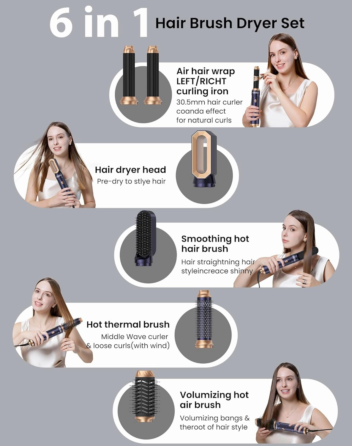 6 in 1 Hair Dryer Brush，Blow Dryer Brush Ionic Hair Dryer，Multi Hair Styler for Fast Drying Styling Curling Straightening Volumizing (Blue Gold)