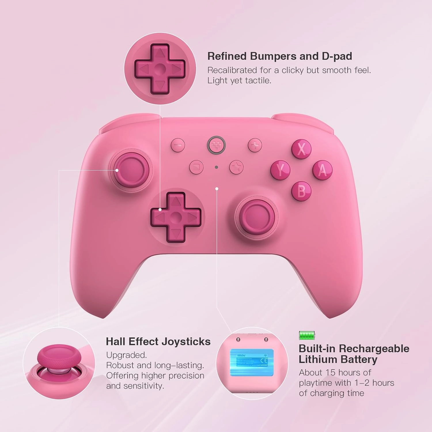 8Bitdo Ultimate 2C Bluetooth Controller (Hall Effect Joystick Update) - for Switch, with Remappable L4/R4 Bumpers, 6-axis Motion Control, Rumble Vibration and Turbo Function (Pink)