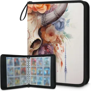 9 Pocket Card Binder, Goat Skull 900 Pockets Collector Album with Zipper Trading Card Binder, Colorful Floral Double Sided Pocket Collection Binder