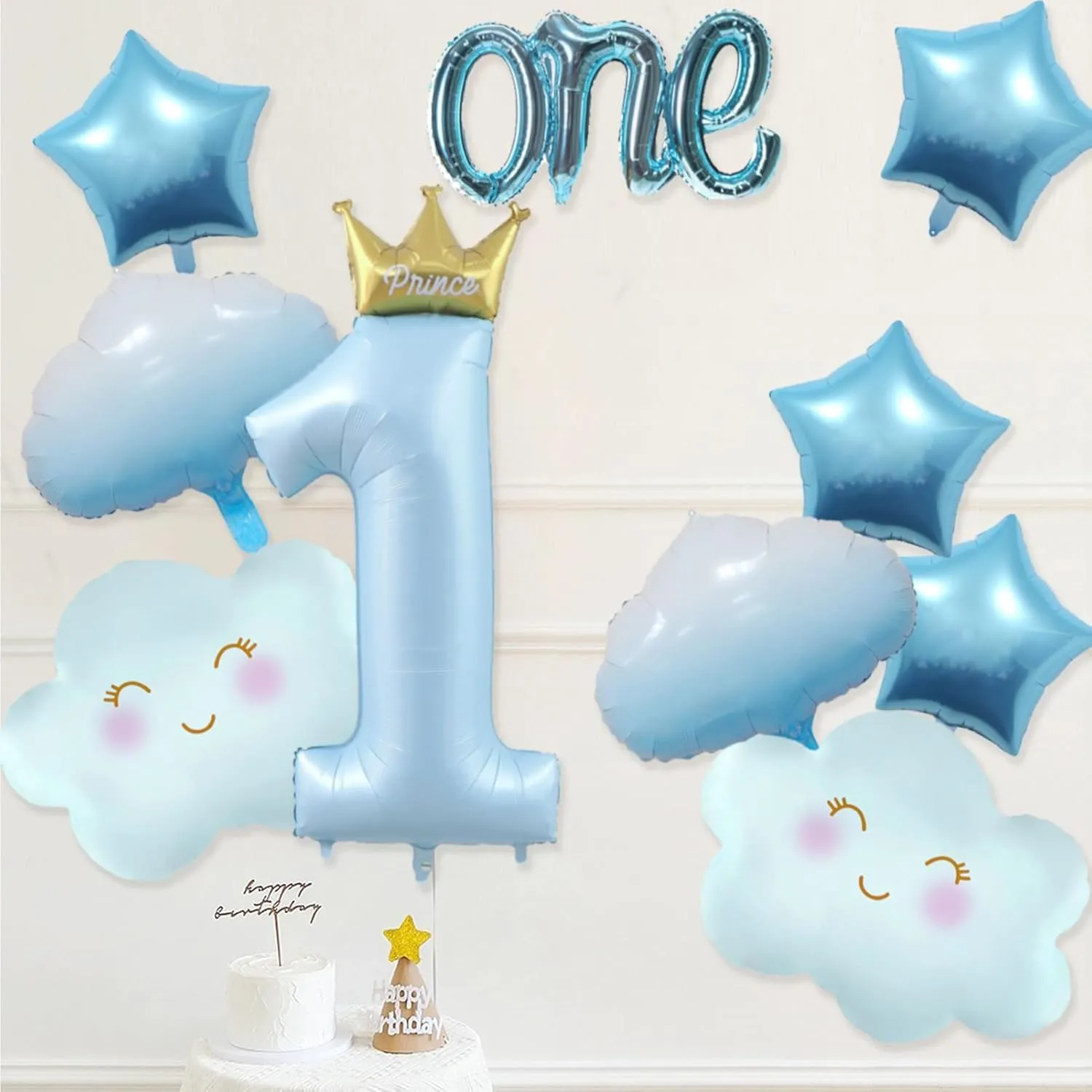 9Pcs Light Blue One Balloon for First Birthday, 40 Inch Prince Number 1 Balloon Light Blue 1st Birthday Star Balloons Blue Cloud Balloons, Blue 1 Balloon 1st Birthday Decorations for Boys