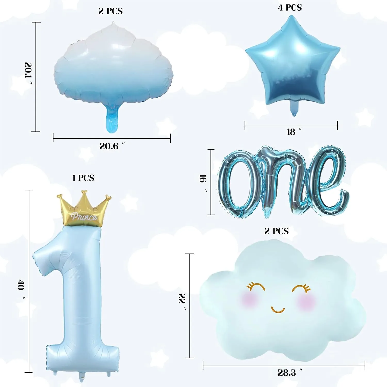 9Pcs Light Blue One Balloon for First Birthday, 40 Inch Prince Number 1 Balloon Light Blue 1st Birthday Star Balloons Blue Cloud Balloons, Blue 1 Balloon 1st Birthday Decorations for Boys