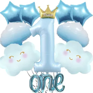 9Pcs Light Blue One Balloon for First Birthday, 40 Inch Prince Number 1 Balloon Light Blue 1st Birthday Star Balloons Blue Cloud Balloons, Blue 1 Balloon 1st Birthday Decorations for Boys