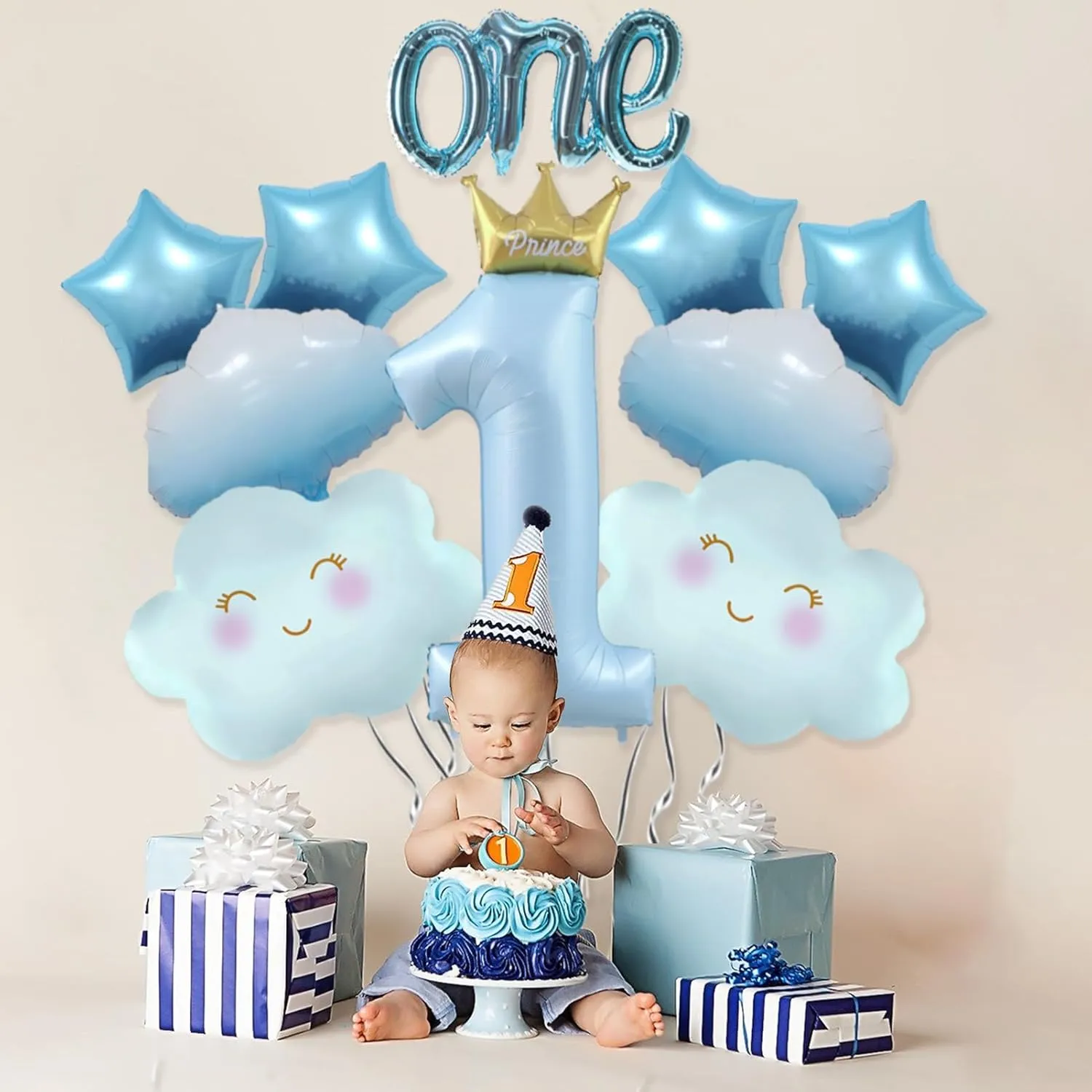 9Pcs Light Blue One Balloon for First Birthday, 40 Inch Prince Number 1 Balloon Light Blue 1st Birthday Star Balloons Blue Cloud Balloons, Blue 1 Balloon 1st Birthday Decorations for Boys