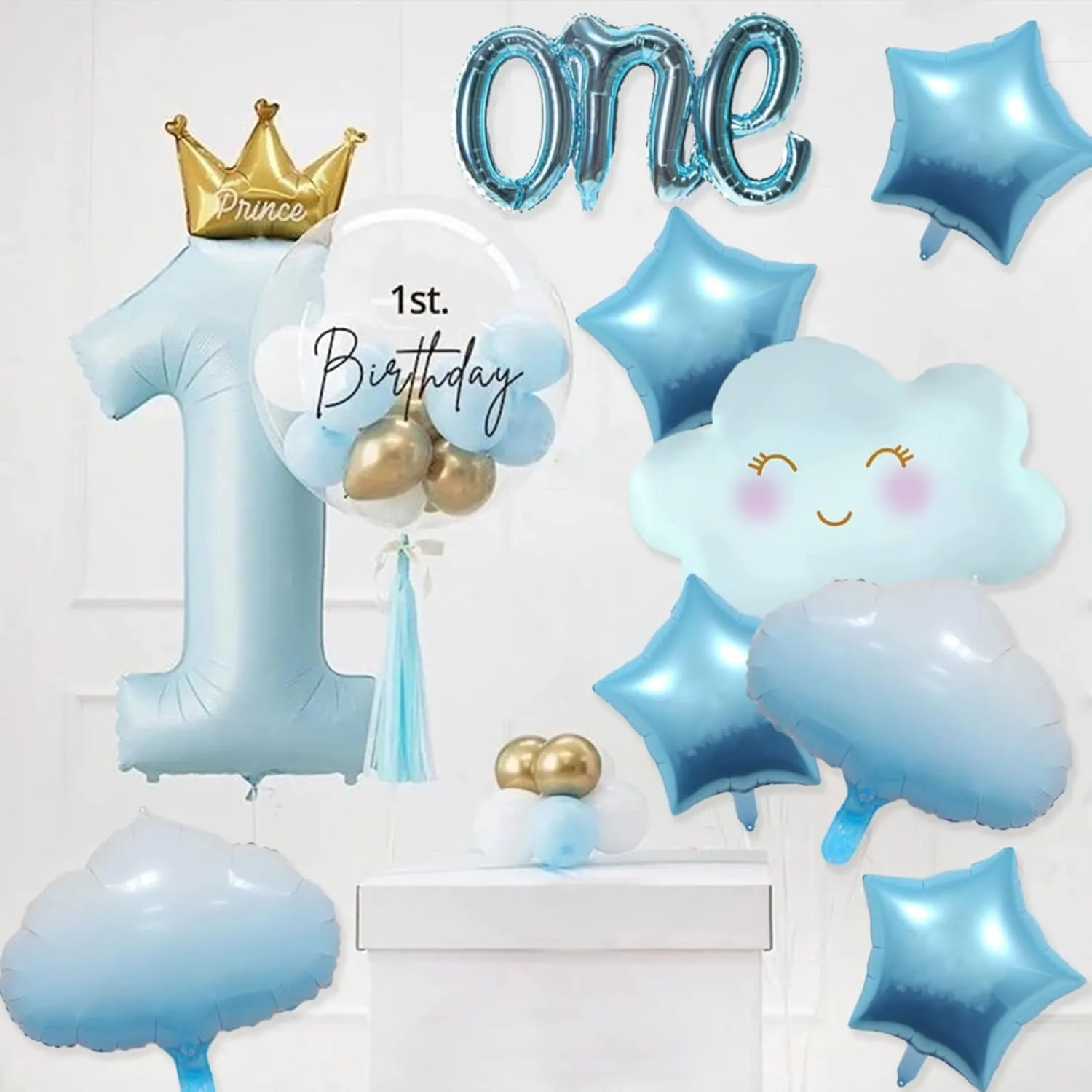 9Pcs Light Blue One Balloon for First Birthday, 40 Inch Prince Number 1 Balloon Light Blue 1st Birthday Star Balloons Blue Cloud Balloons, Blue 1 Balloon 1st Birthday Decorations for Boys