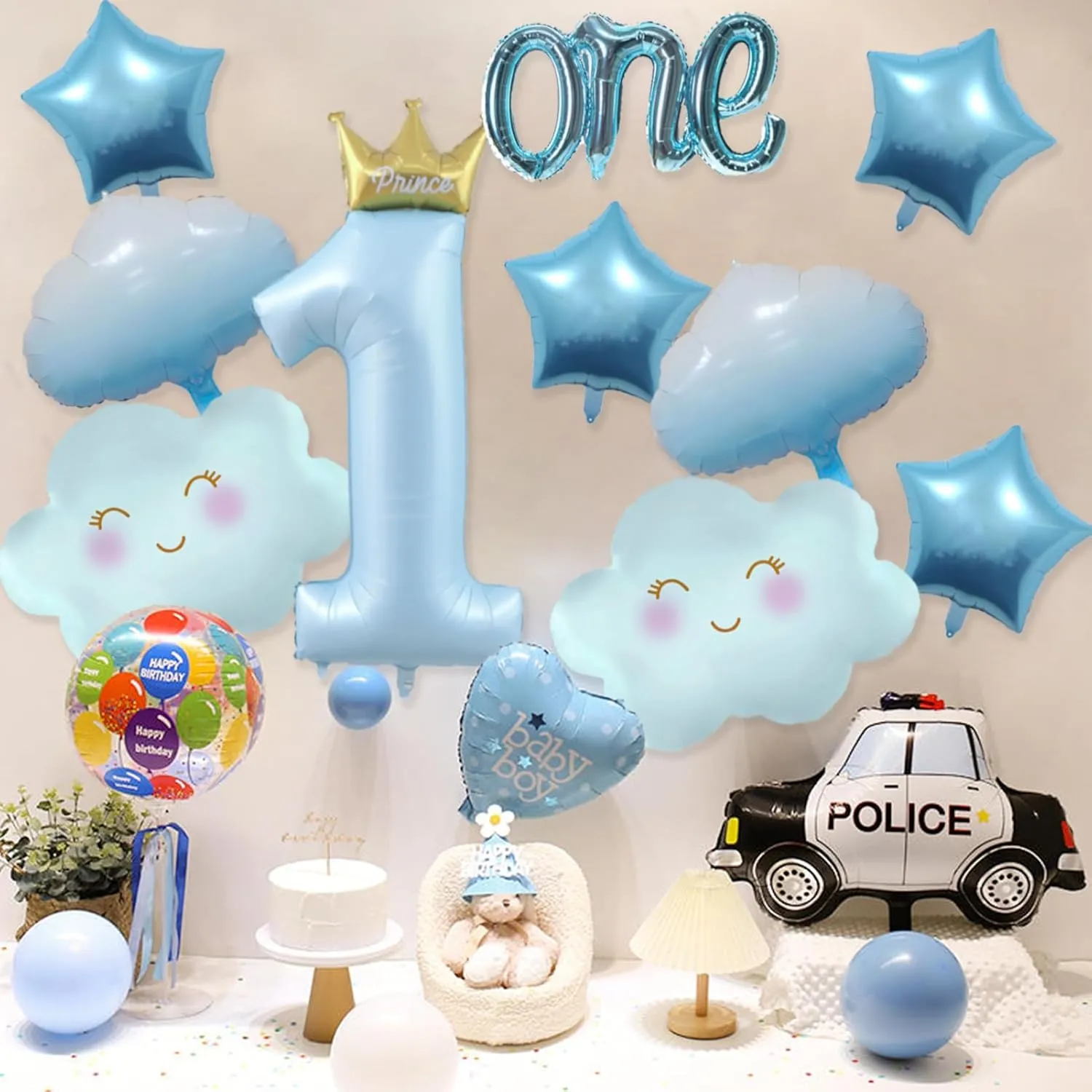 9Pcs Light Blue One Balloon for First Birthday, 40 Inch Prince Number 1 Balloon Light Blue 1st Birthday Star Balloons Blue Cloud Balloons, Blue 1 Balloon 1st Birthday Decorations for Boys