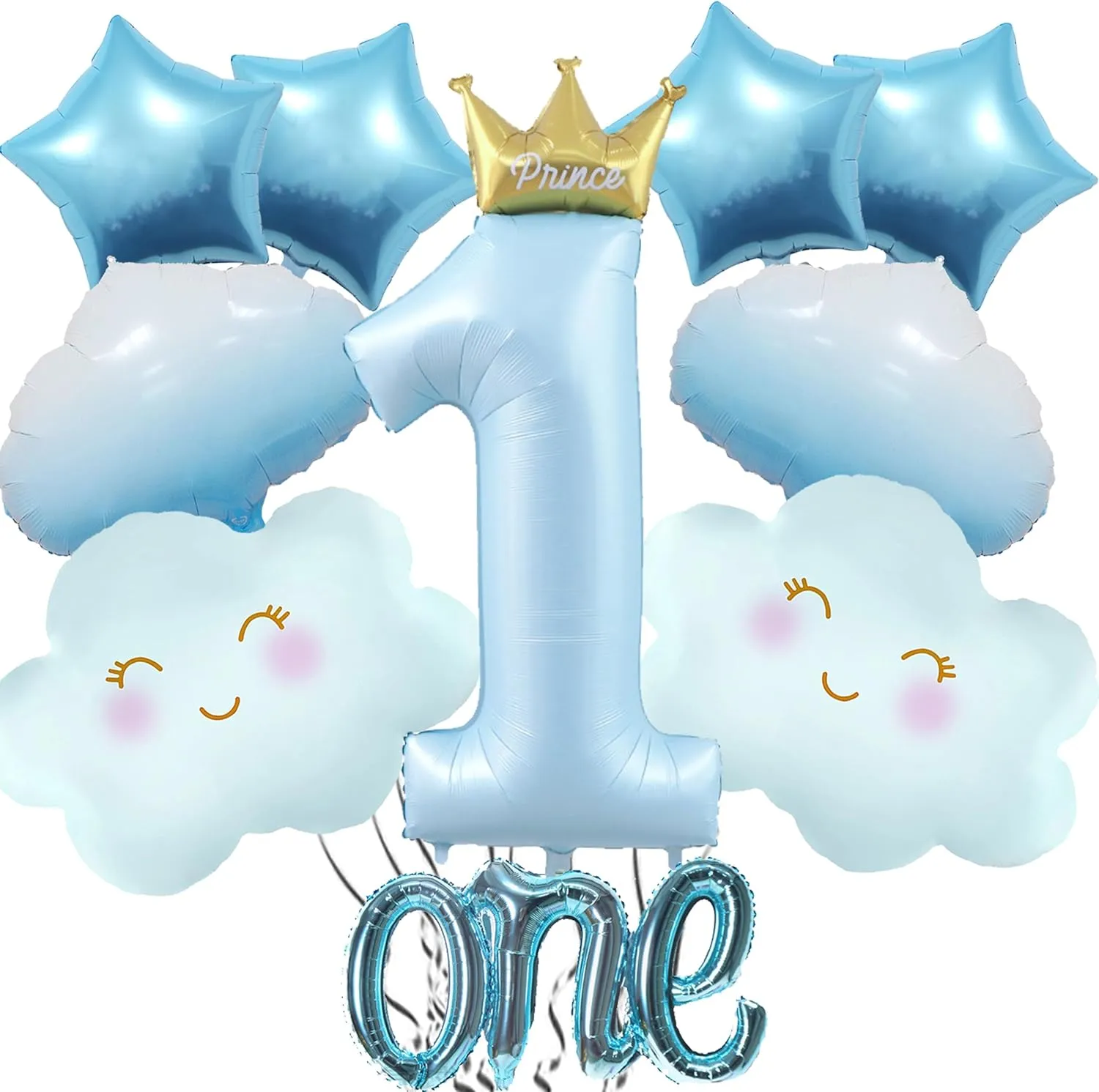9Pcs Light Blue One Balloon for First Birthday, 40 Inch Prince Number 1 Balloon Light Blue 1st Birthday Star Balloons Blue Cloud Balloons, Blue 1 Balloon 1st Birthday Decorations for Boys