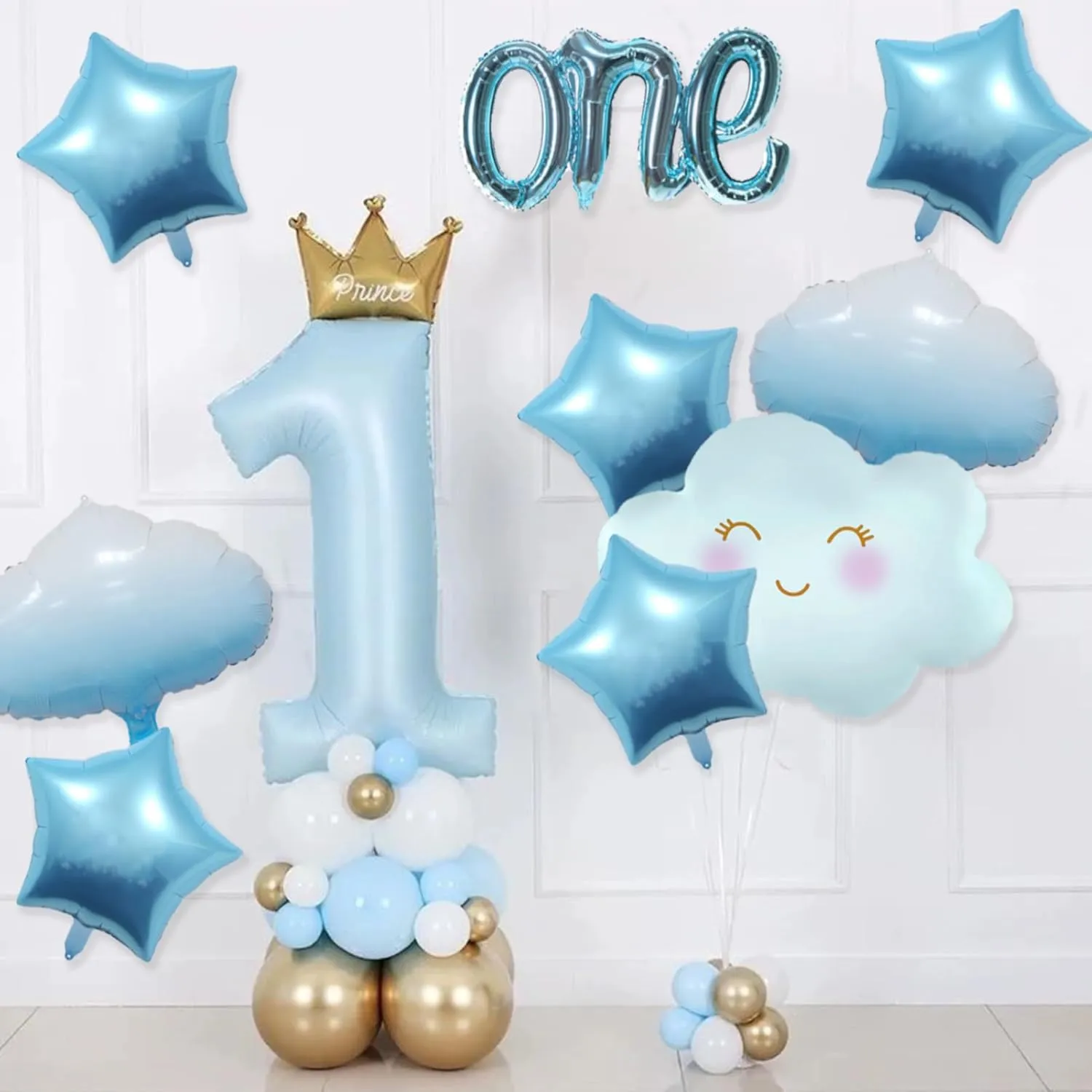 9Pcs Light Blue One Balloon for First Birthday, 40 Inch Prince Number 1 Balloon Light Blue 1st Birthday Star Balloons Blue Cloud Balloons, Blue 1 Balloon 1st Birthday Decorations for Boys