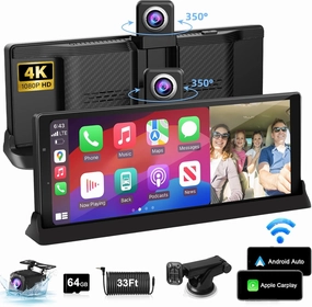 【350° Rotatable Lens】10.26''Wireless Apple CarPlay Screen for Car & 4K Dash Cam Portable Android Auto Car Stereo, Car Audio Receivers 1080P Backup Camera, Bluetooth/GPS Navigation/AirPlay/Googel/Siri