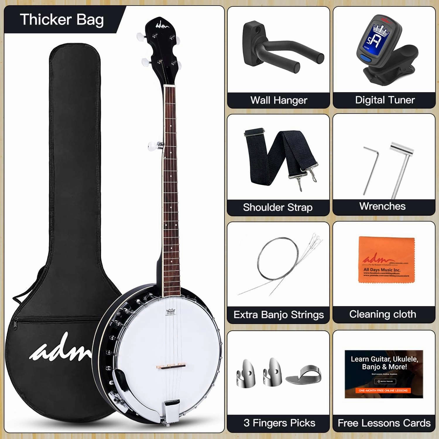 ADM Banjo 5 String Full Size Banjoes Set, 38 Inch Beginner Banjo Kit with Resonator, Remo Drum Head, Open or Closed Back, Gift Package Free Lessons Starter Accessories for Adults Teenager, Black
