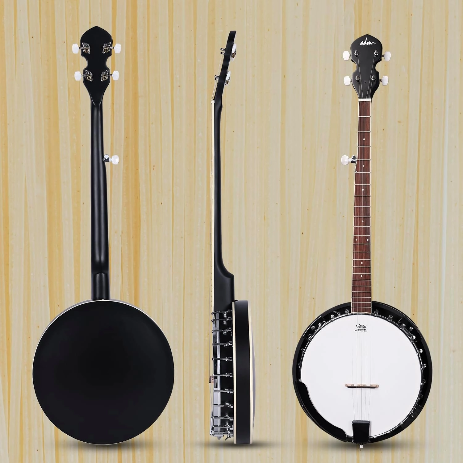 ADM Banjo 5 String Full Size Banjoes Set, 38 Inch Beginner Banjo Kit with Resonator, Remo Drum Head, Open or Closed Back, Gift Package Free Lessons Starter Accessories for Adults Teenager, Black