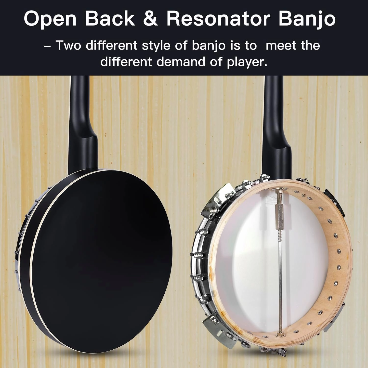 ADM Banjo 5 String Full Size Banjoes Set, 38 Inch Beginner Banjo Kit with Resonator, Remo Drum Head, Open or Closed Back, Gift Package Free Lessons Starter Accessories for Adults Teenager, Black