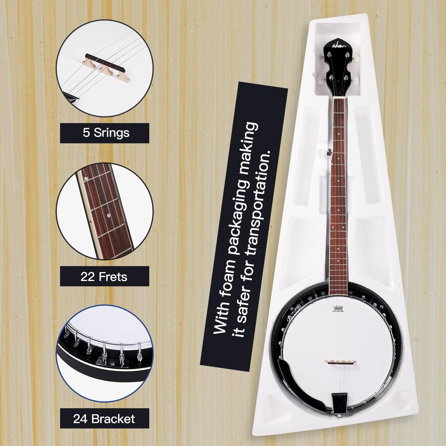 ADM Banjo 5 String Full Size Banjoes Set, 38 Inch Beginner Banjo Kit with Resonator, Remo Drum Head, Open or Closed Back, Gift Package Free Lessons Starter Accessories for Adults Teenager, Black