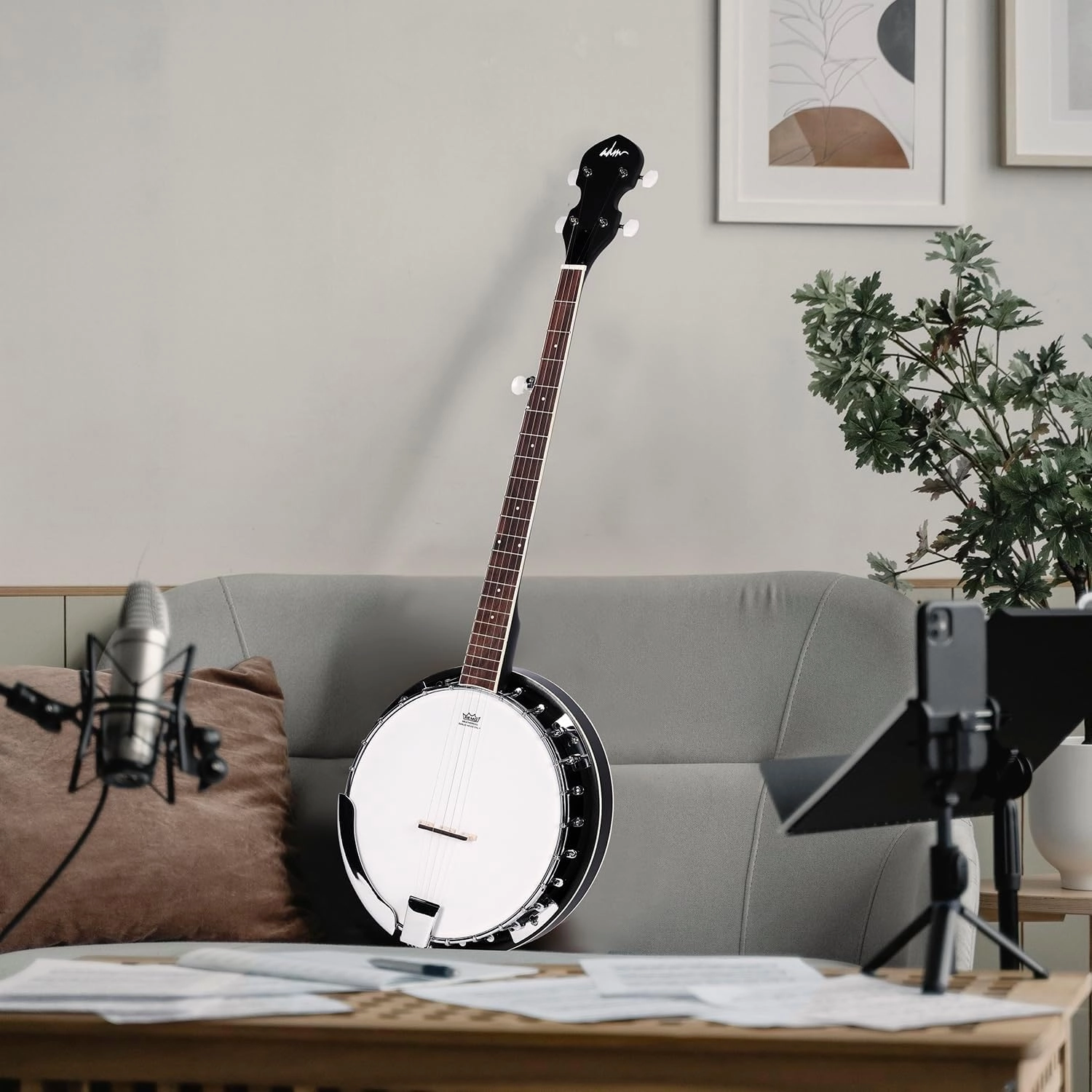 ADM Banjo 5 String Full Size Banjoes Set, 38 Inch Beginner Banjo Kit with Resonator, Remo Drum Head, Open or Closed Back, Gift Package Free Lessons Starter Accessories for Adults Teenager, Black