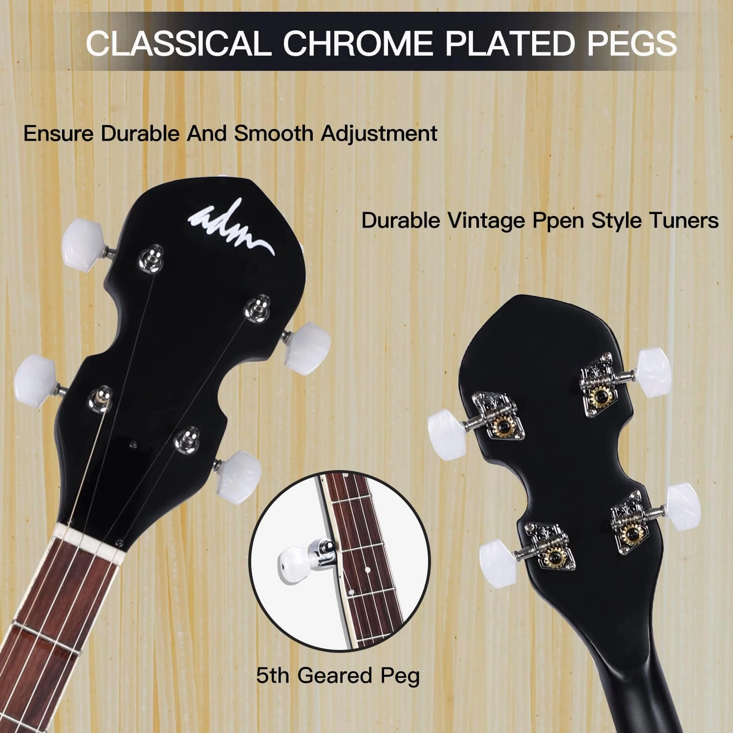 ADM Banjo 5 String Full Size Banjoes Set, 38 Inch Beginner Banjo Kit with Resonator, Remo Drum Head, Open or Closed Back, Gift Package Free Lessons Starter Accessories for Adults Teenager, Black