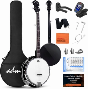 ADM Banjo 5 String Full Size Banjoes Set, 38 Inch Beginner Banjo Kit with Resonator, Remo Drum Head, Open or Closed Back, Gift Package Free Lessons Starter Accessories for Adults Teenager, Black