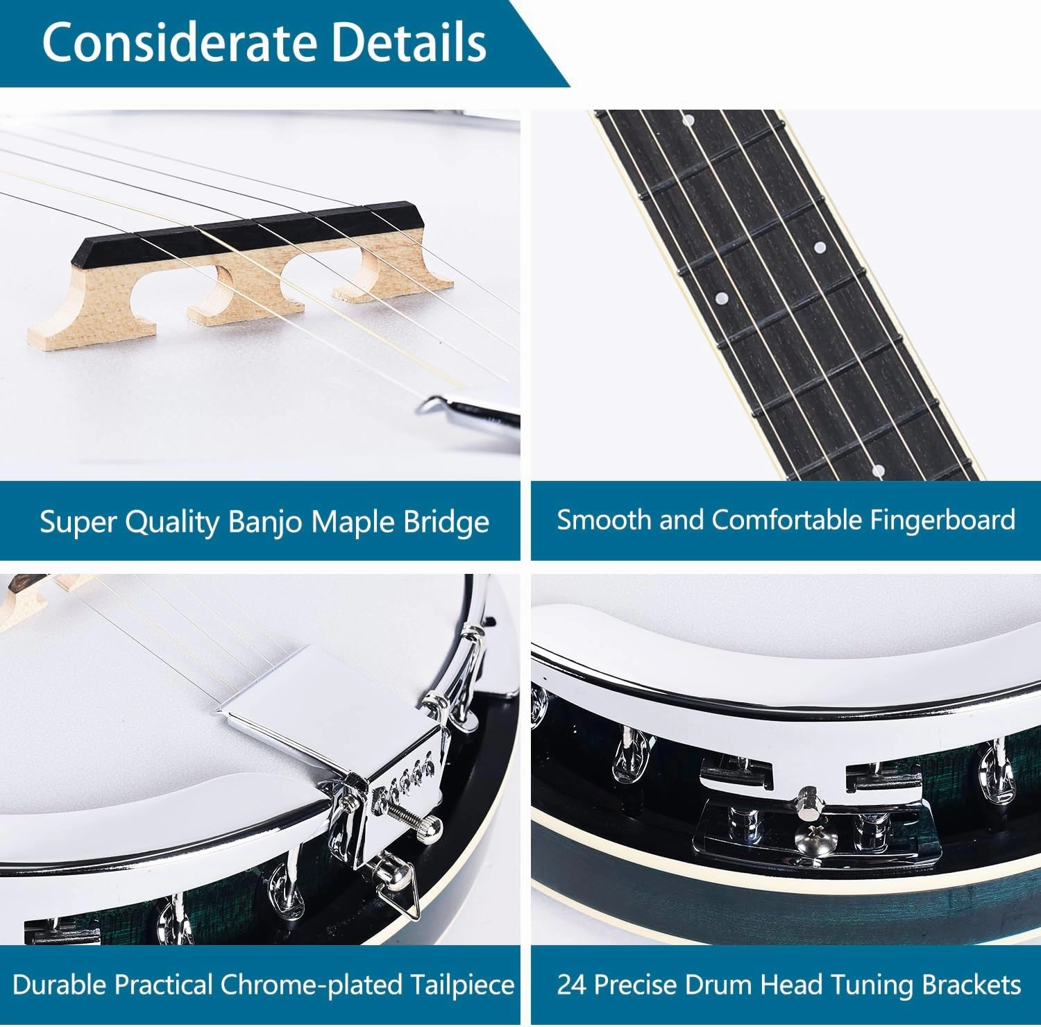 ADM Banjo 5 String Full Size Banjoes Set, 38 Inch Beginner Banjo Kit with Resonator, Remo Drum Head, Open or Closed Back, Gift Package Free Lessons Starter Accessories for Adults Teenager,Bluish-Green