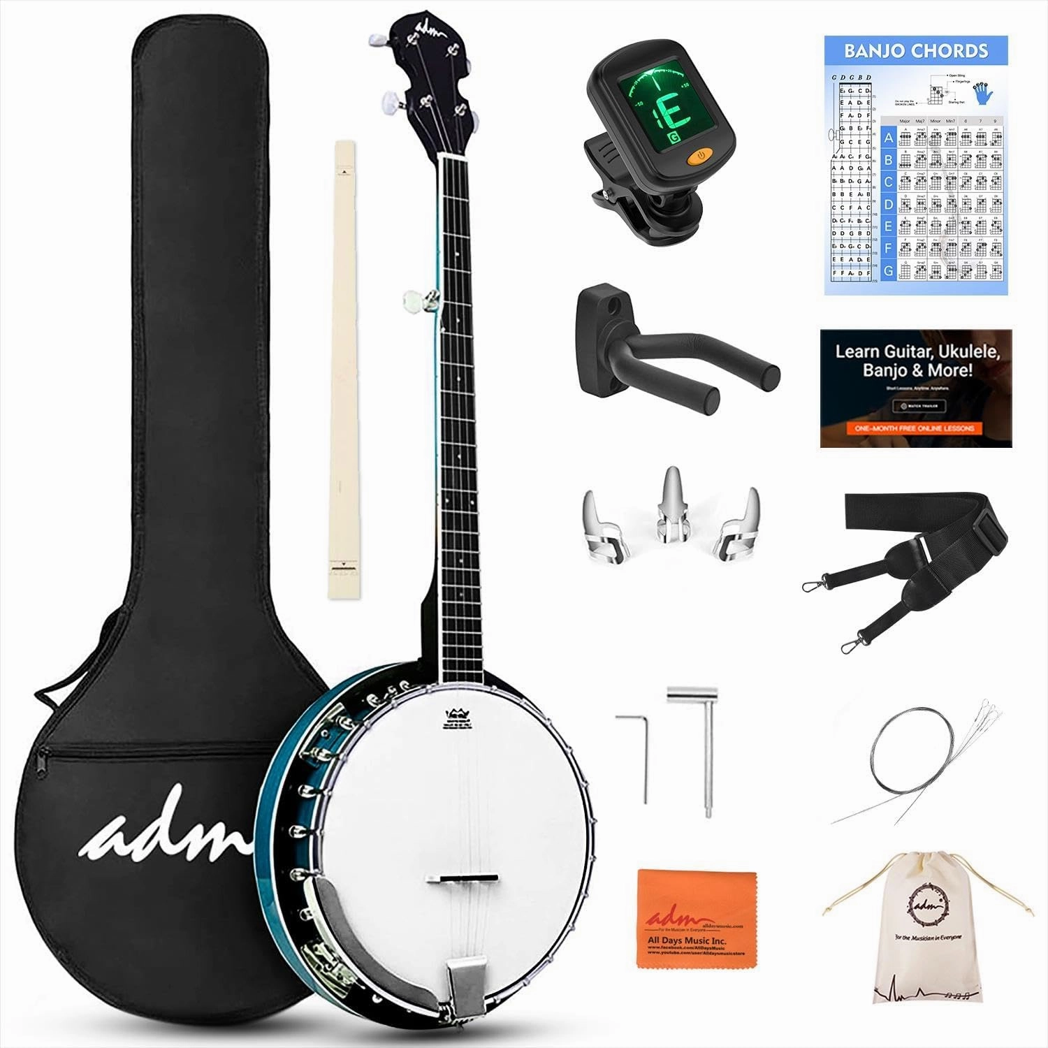 ADM Banjo 5 String Full Size Banjoes Set, 38 Inch Beginner Banjo Kit with Resonator, Remo Drum Head, Open or Closed Back, Gift Package Free Lessons Starter Accessories for Adults Teenager,Bluish-Green