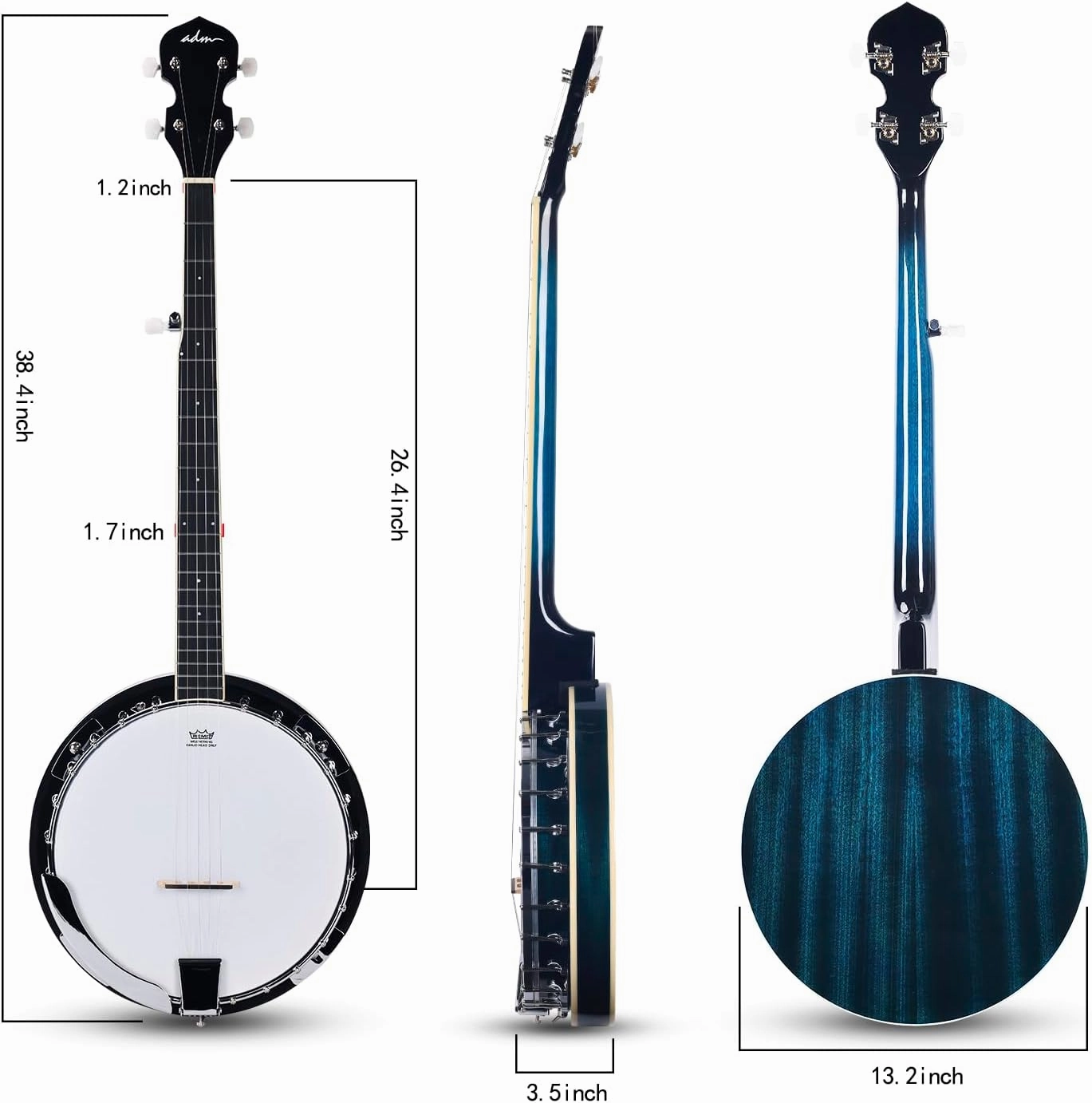 ADM Banjo 5 String Full Size Banjoes Set, 38 Inch Beginner Banjo Kit with Resonator, Remo Drum Head, Open or Closed Back, Gift Package Free Lessons Starter Accessories for Adults Teenager,Bluish-Green
