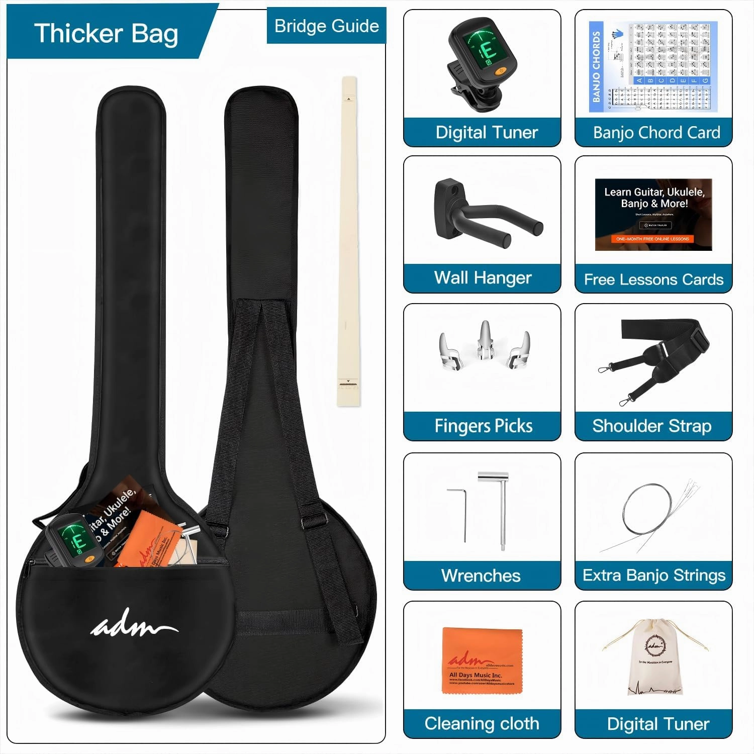 ADM Banjo 5 String Full Size Banjoes Set, 38 Inch Beginner Banjo Kit with Resonator, Remo Drum Head, Open or Closed Back, Gift Package Free Lessons Starter Accessories for Adults Teenager,Bluish-Green