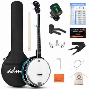 ADM Banjo 5 String Full Size Banjoes Set, 38 Inch Beginner Banjo Kit with Resonator, Remo Drum Head, Open or Closed Back, Gift Package Free Lessons Starter Accessories for Adults Teenager,Bluish-Green
