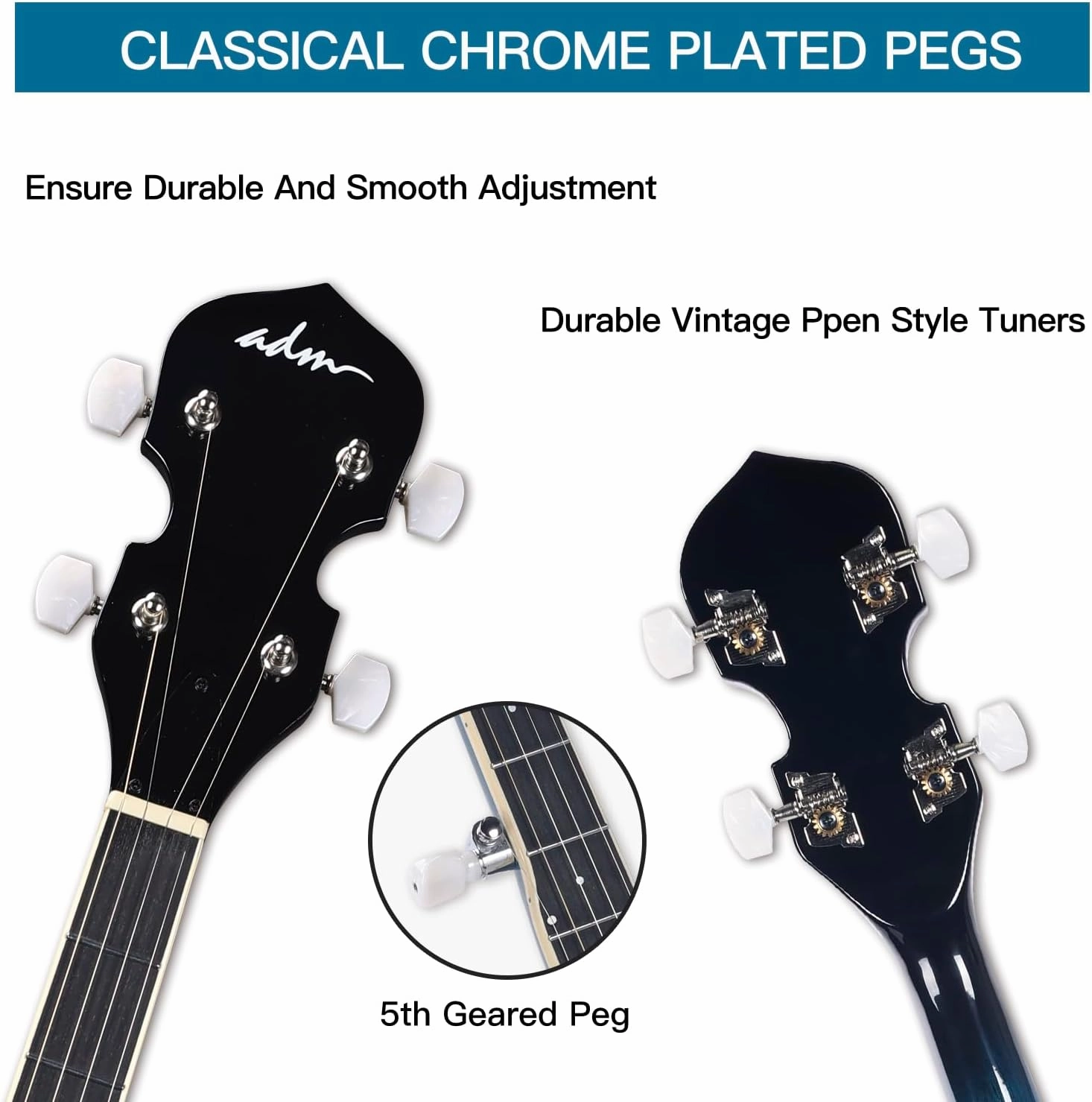 ADM Banjo 5 String Full Size Banjoes Set, 38 Inch Beginner Banjo Kit with Resonator, Remo Drum Head, Open or Closed Back, Gift Package Free Lessons Starter Accessories for Adults Teenager,Bluish-Green