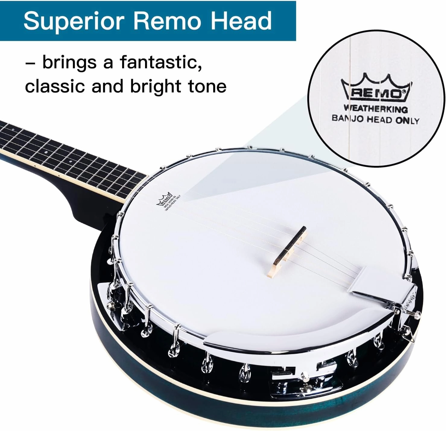 ADM Banjo 5 String Full Size Banjoes Set, 38 Inch Beginner Banjo Kit with Resonator, Remo Drum Head, Open or Closed Back, Gift Package Free Lessons Starter Accessories for Adults Teenager,Bluish-Green