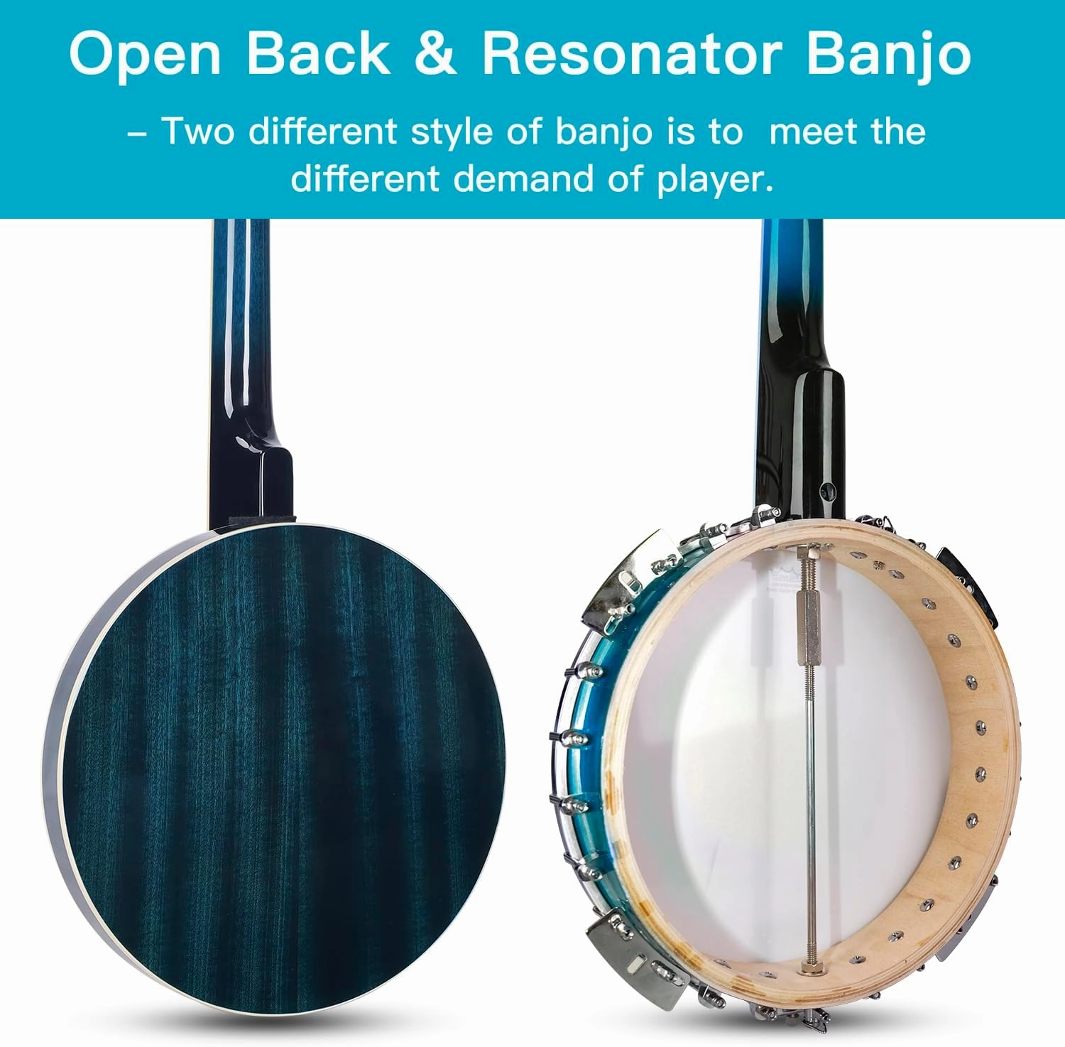 ADM Banjo 5 String Full Size Banjoes Set, 38 Inch Beginner Banjo Kit with Resonator, Remo Drum Head, Open or Closed Back, Gift Package Free Lessons Starter Accessories for Adults Teenager,Bluish-Green