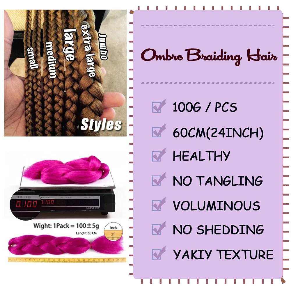 AIDUSA Ombre Braiding Hair Black to Hot Pink 5Pcs Synthetic Afro Braiding Hair Extensions 24 Inch 2 Tones for Women Twist Crochet Braids 100g(#B3 Black to Hot Pink)