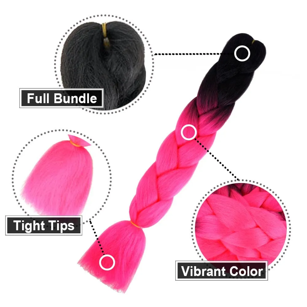 AIDUSA Ombre Braiding Hair Black to Hot Pink 5Pcs Synthetic Afro Braiding Hair Extensions 24 Inch 2 Tones for Women Twist Crochet Braids 100g(#B3 Black to Hot Pink)