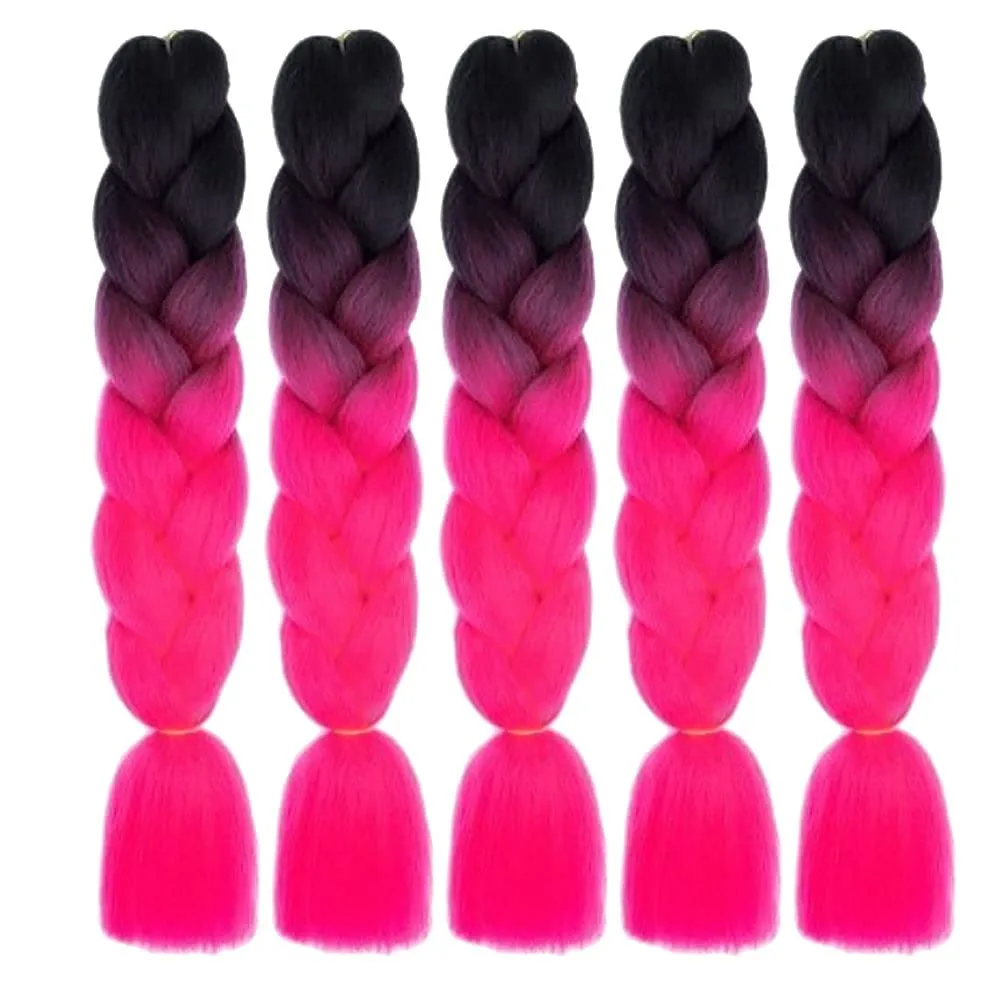 AIDUSA Ombre Braiding Hair Black to Hot Pink 5Pcs Synthetic Afro Braiding Hair Extensions 24 Inch 2 Tones for Women Twist Crochet Braids 100g(#B3 Black to Hot Pink)