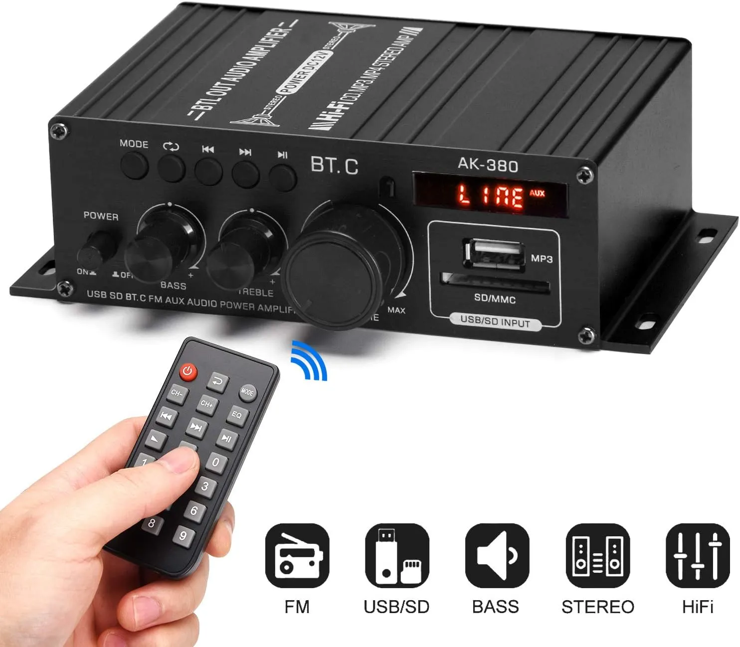 AK-380 Bluetooth 5.0 Home Audio Amplifier, Max 400W 400W 2.0CH HiFi Stereo With 12V 5A Power Supply, Wireless Receiver With USB SD BT.C FM AUX for Car Home Bar Garage