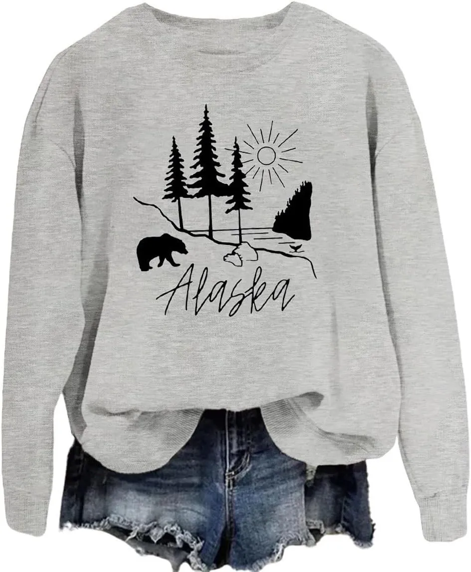 Alaska Sweatshirt Bear Lake Mountains Graphic Shirts Camping Hiking Sweater Women Casual Nature Lover Pullover Tops
