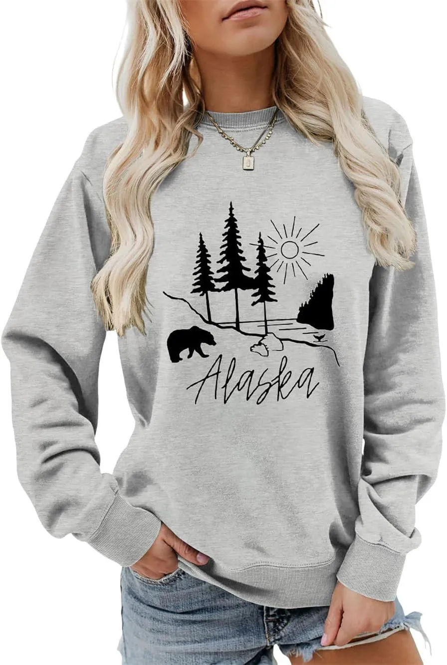 Alaska Sweatshirt Bear Lake Mountains Graphic Shirts Camping Hiking Sweater Women Casual Nature Lover Pullover Tops