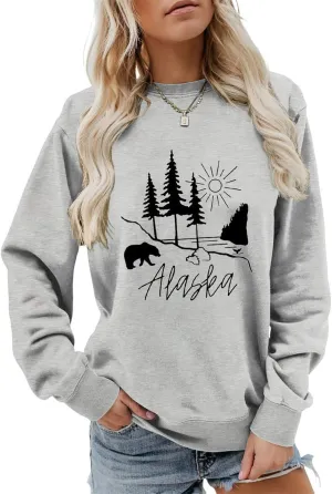 Alaska Sweatshirt Bear Lake Mountains Graphic Shirts Camping Hiking Sweater Women Casual Nature Lover Pullover Tops
