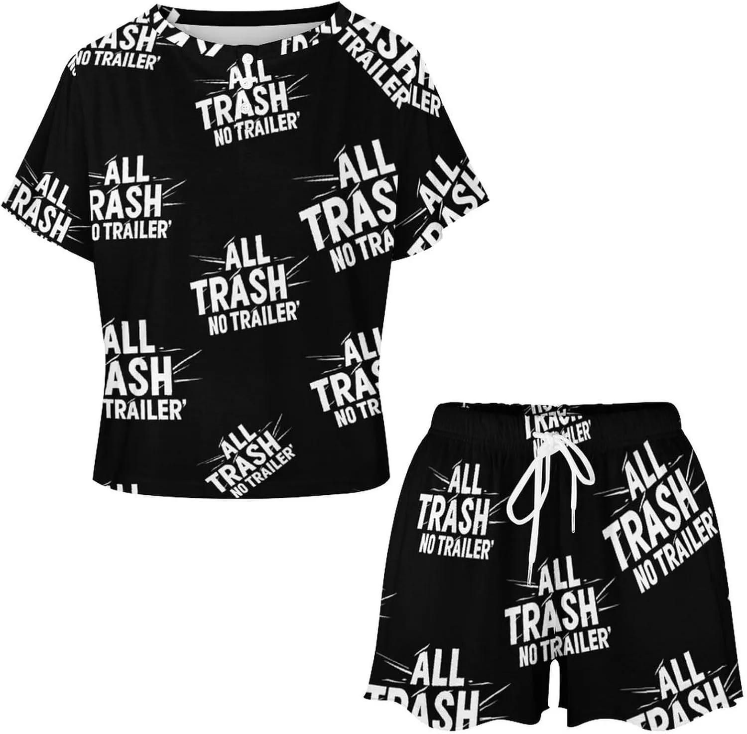 All Trash No Trailer Classic Women's Pajamas Loungewear Set Loose Short Sleeve Sleepwear with Pockets