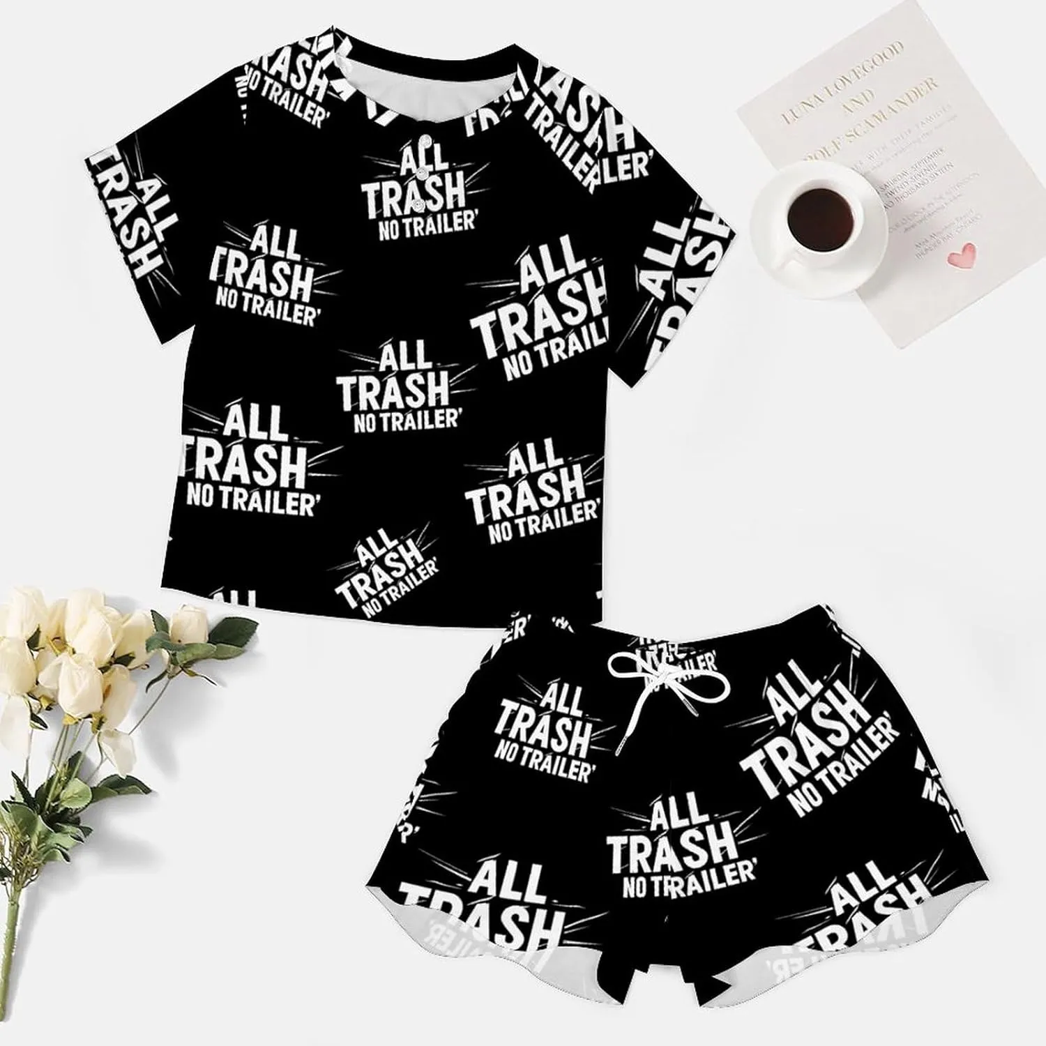 All Trash No Trailer Classic Women's Pajamas Loungewear Set Loose Short Sleeve Sleepwear with Pockets