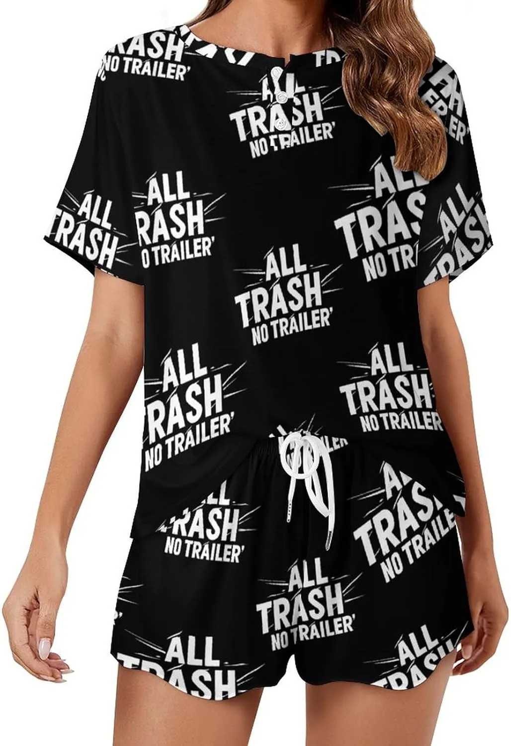 All Trash No Trailer Classic Women's Pajamas Loungewear Set Loose Short Sleeve Sleepwear with Pockets