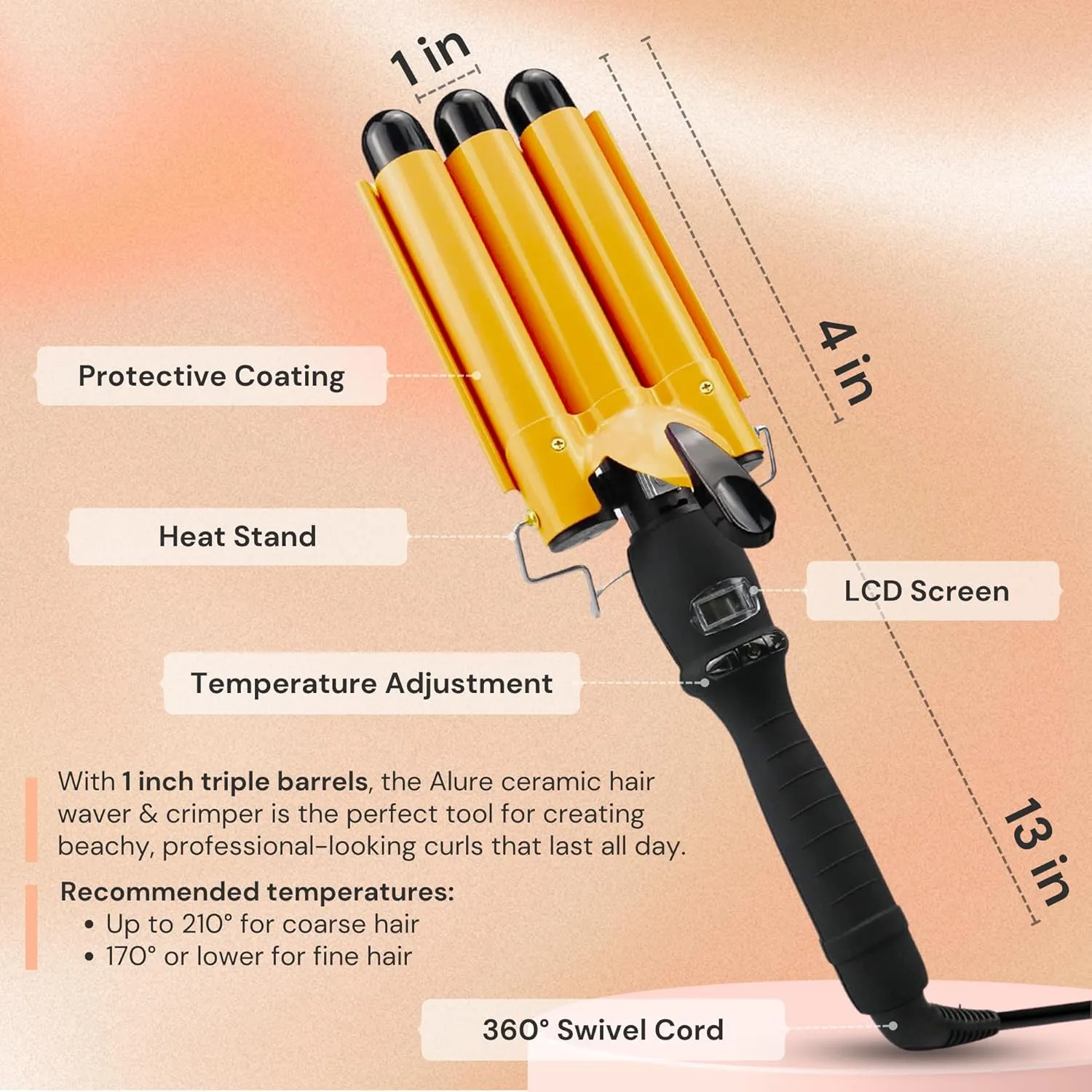 Alure Three Barrel Curling Iron Wand with LCD Temperature Display - 1 Inch Ceramic Tourmaline Triple Barrels, Dual Voltage Crimping Tool, Best Hair Waver for Beachy/Frizz Free Waves (zGold)