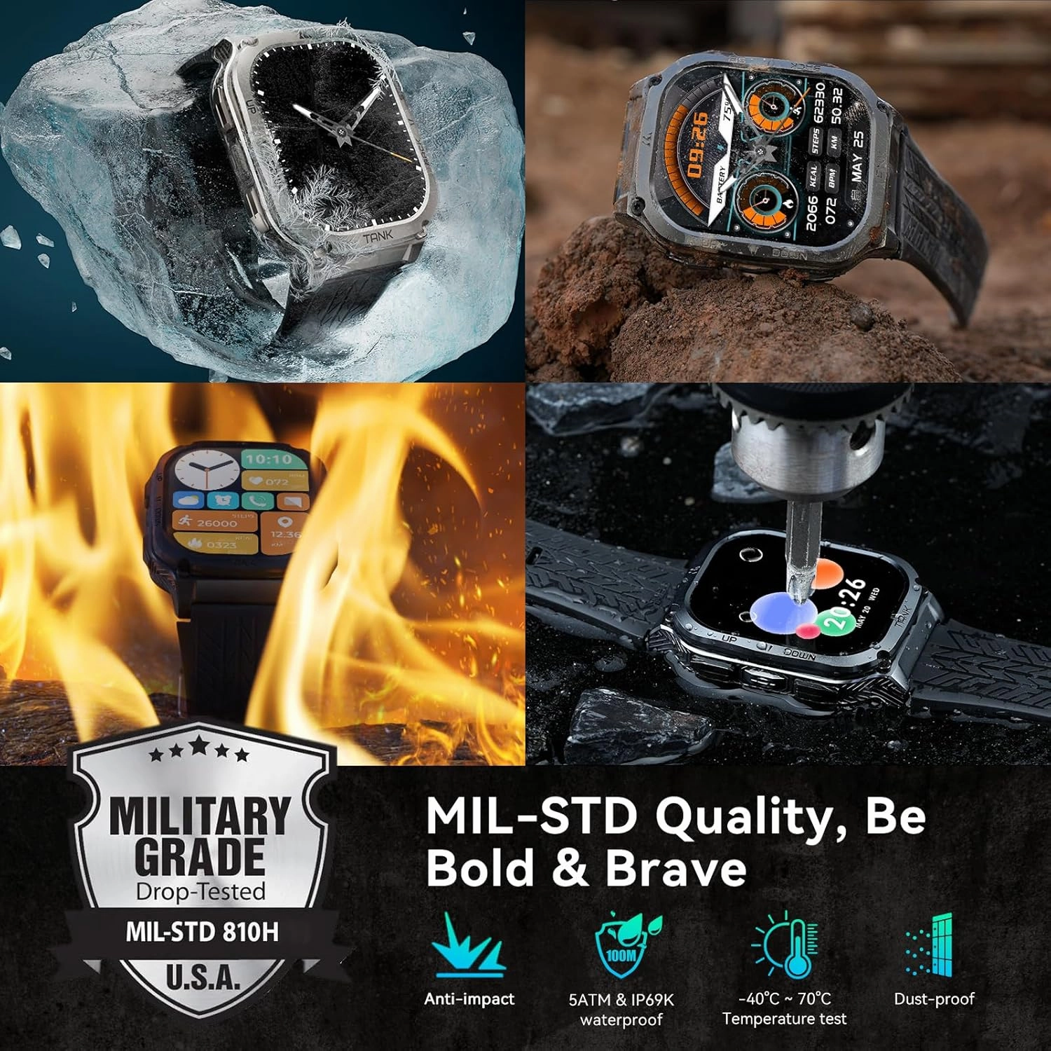 AMAZTIM Smart Watch, 60 Days Extra-Long Battery, 50M Waterproof, Rugged Military Bluetooth Call(Answer/Dial Calls), 2.0" Ultra Large HD Display, AI Voice Assistant (Shiny Black)