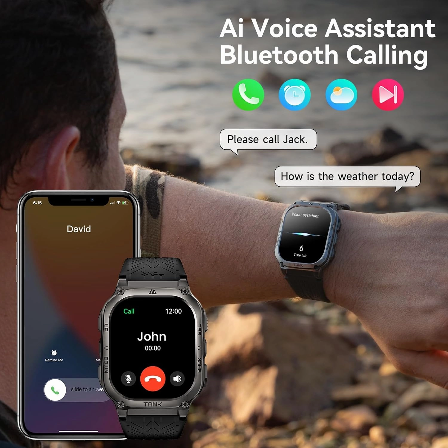 AMAZTIM Smart Watch, 60 Days Extra-Long Battery, 50M Waterproof, Rugged Military Bluetooth Call(Answer/Dial Calls), 2.0" Ultra Large HD Display, AI Voice Assistant (Shiny Black)