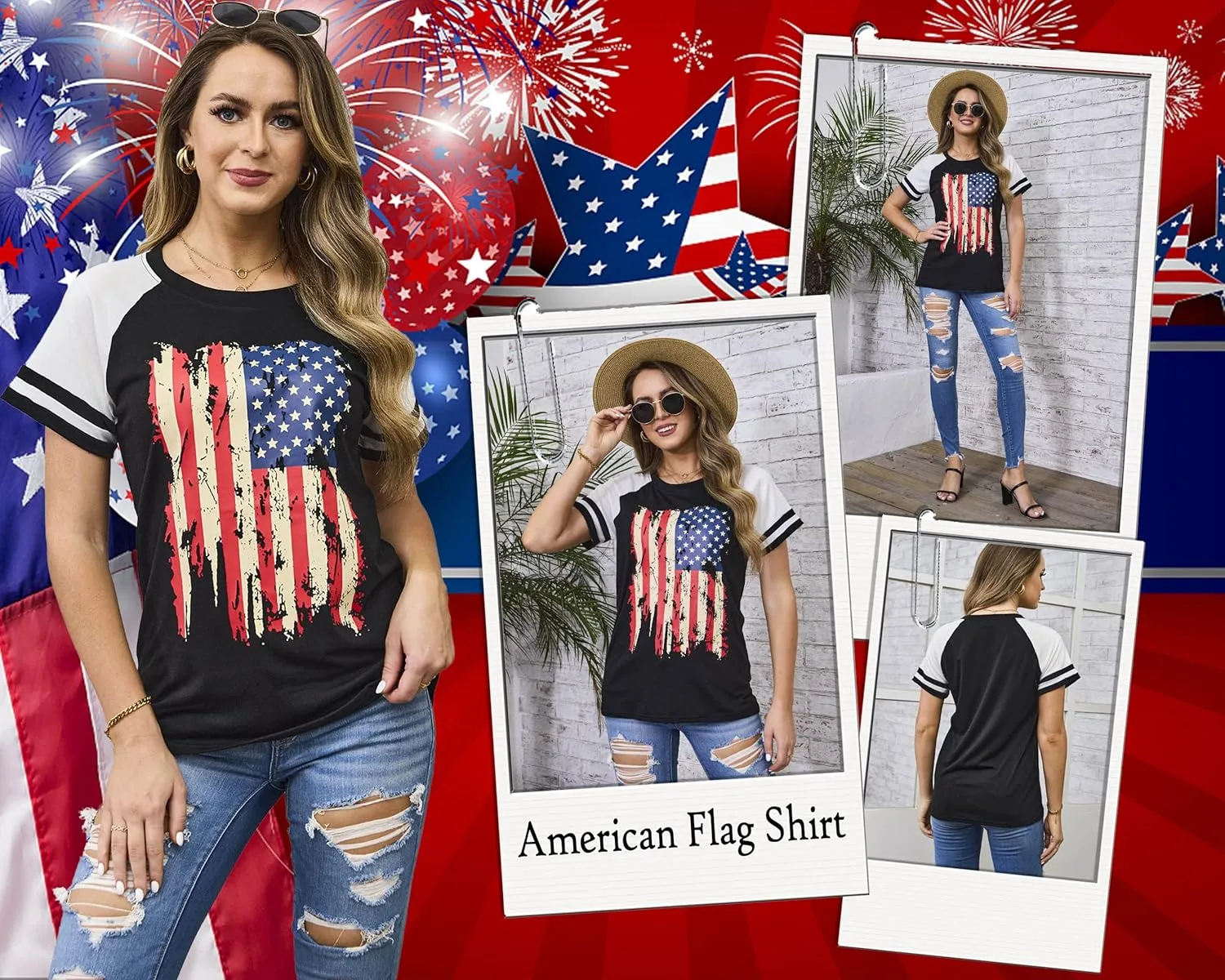 American Flag Shirt Women 4th of July Shirts USA Flag Graphic Patriotic Tshirt Raglan Color Block Tops
