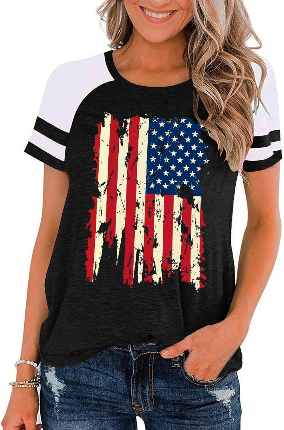 American Flag Shirt Women 4th of July Shirts USA Flag Graphic Patriotic Tshirt Raglan Color Block Tops